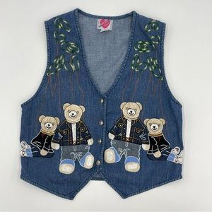 Vintage Teddy Bear Vest Denim Women's Embroidered Kawaii Unique Quirky Retro 90s
